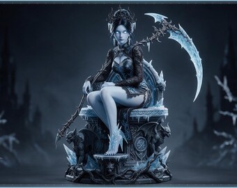May include: A pale-skinned figure with glowing white eyes sits on an ornate stone throne adorned with gargoyles and ice crystals. The figure wears a black lace-trimmed outfit and a crown, holding a large, jagged scythe with a translucent blade.