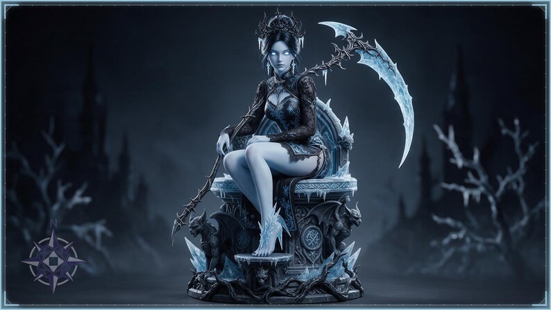 Frost Reaper ice queen statue full front view on frozen throne, dark fantasy 3D printable figurine STL file
