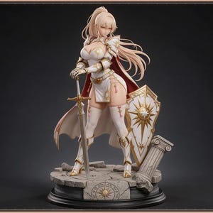 May include: A blonde female warrior figurine wearing white and gold armor, a white tunic, and a red cape. The figure holds a long sword in one hand and stands beside a white and gold shield and a broken stone pillar on a circular base.