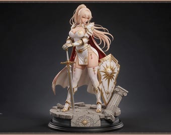 May include: A blonde female warrior figurine wearing white and gold armor, a white tunic, and a red cape. The figure holds a long sword in one hand and stands beside a white and gold shield and a broken stone pillar on a circular base.