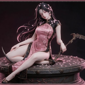 May include: A detailed figurine of a person with long dark hair adorned with pink petals, wearing a pink and black cheongsam dress with floral patterns. The figure sits on a circular stone pedestal, holding a long, ornate metal scythe.