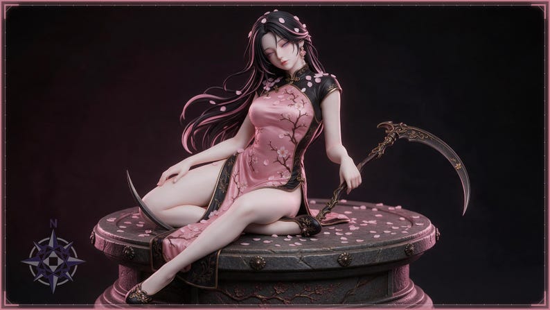 Sakura Reaper geisha statue with scythe, main view