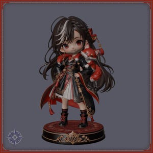 Fox chibi girl with a fox companion, 3D render front view