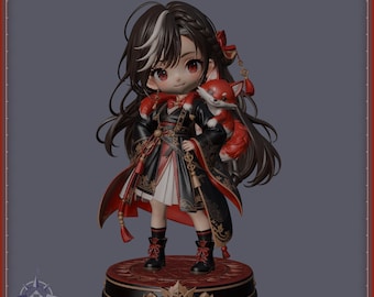 May include: A chibi-style figurine of a character with long dark hair featuring a white streak, wearing a black and red outfit with gold accents. A small orange fox rests on the character's shoulder. The figure stands on a circular base.