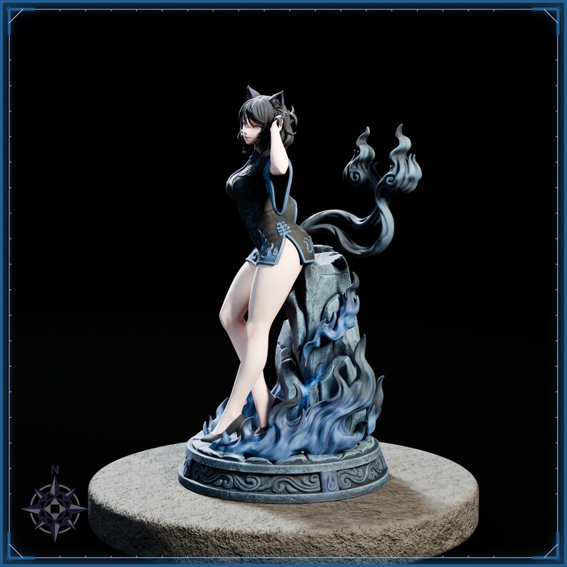 Blue Flame Cat Maiden STL file for 3D printing - folklore anime girl statue, image 3 of 11