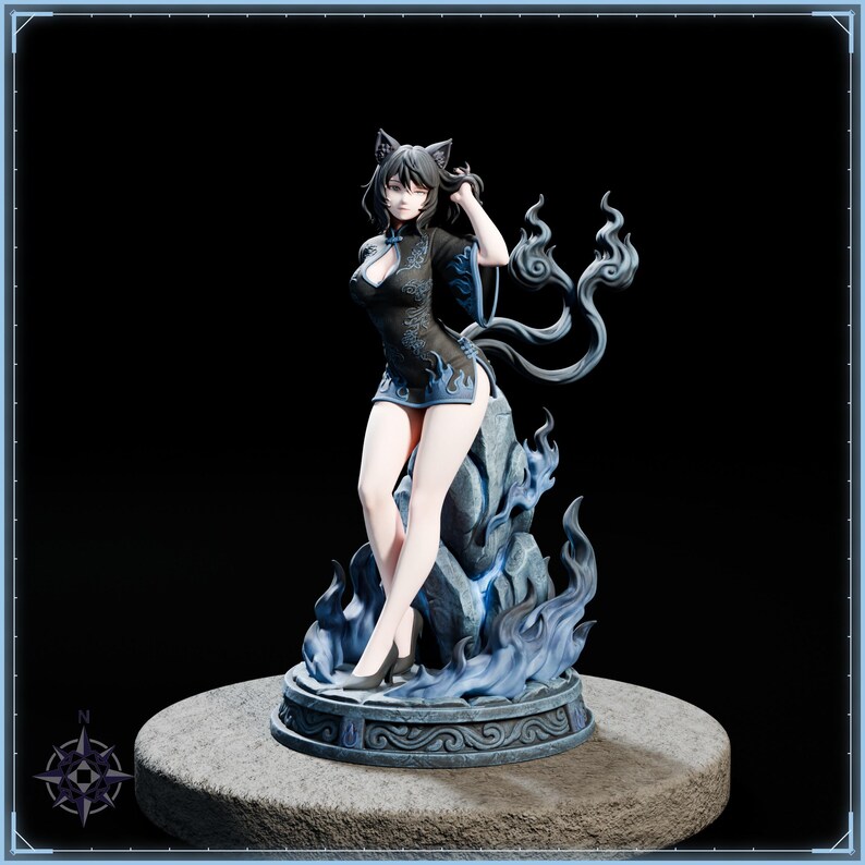 Blue Flame Cat Maiden STL file for 3D printing - folklore anime girl statue, image 2 of 11