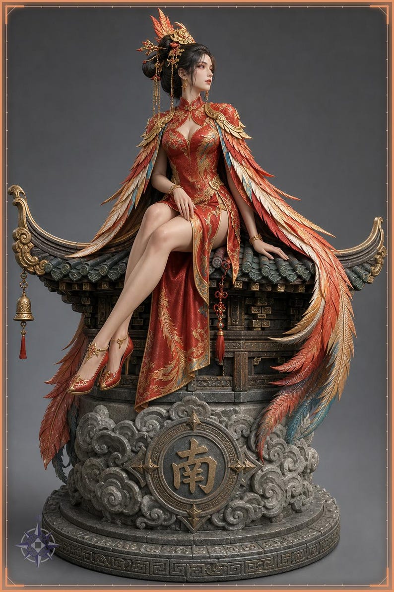 Vermilion Bird Maiden STL file - Phoenix Girl on Temple Roof Statue: AI concept artwork the 3D model was made from, Mystvane