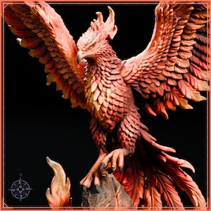 May include: A detailed phoenix figurine featuring vibrant red, orange, and yellow plumage with wings fully extended. The bird stands perched on a textured rock formation, showcasing intricate feather carvings and a sharp, curved beak.