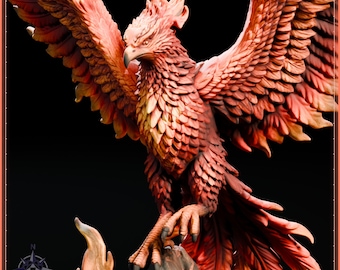 May include: A detailed phoenix figurine featuring vibrant red, orange, and yellow plumage with wings fully extended. The bird stands perched on a textured rock formation, showcasing intricate feather carvings and a sharp, curved beak.