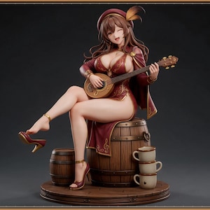 May include: A detailed anime-style figurine of a character with long brown hair wearing a deep red dress and a matching beret. The character sits on a wooden barrel, playing a lute, with one high-heeled shoe dangling from a foot.
