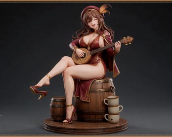 May include: A detailed anime-style figurine of a character with long brown hair wearing a deep red dress and a matching beret. The character sits on a wooden barrel, playing a lute, with one high-heeled shoe dangling from a foot.