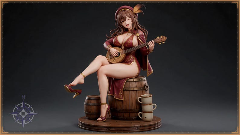 Bard STL file - Anime Bard Girl Playing Lute on Barrel Statue: AI concept artwork the 3D model was made from, Mystvane