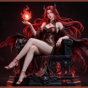 May include: A detailed figurine of a red-haired character with horns, wearing a black and red dress, sitting on a dark throne adorned with skulls. The character holds a glowing orange flame in one hand, with dark wings extending behind the throne.