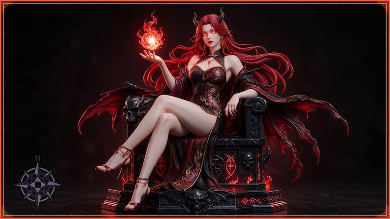Crimson Demon Queen dark fantasy succubus statue STL 3D print file, seated on skull throne