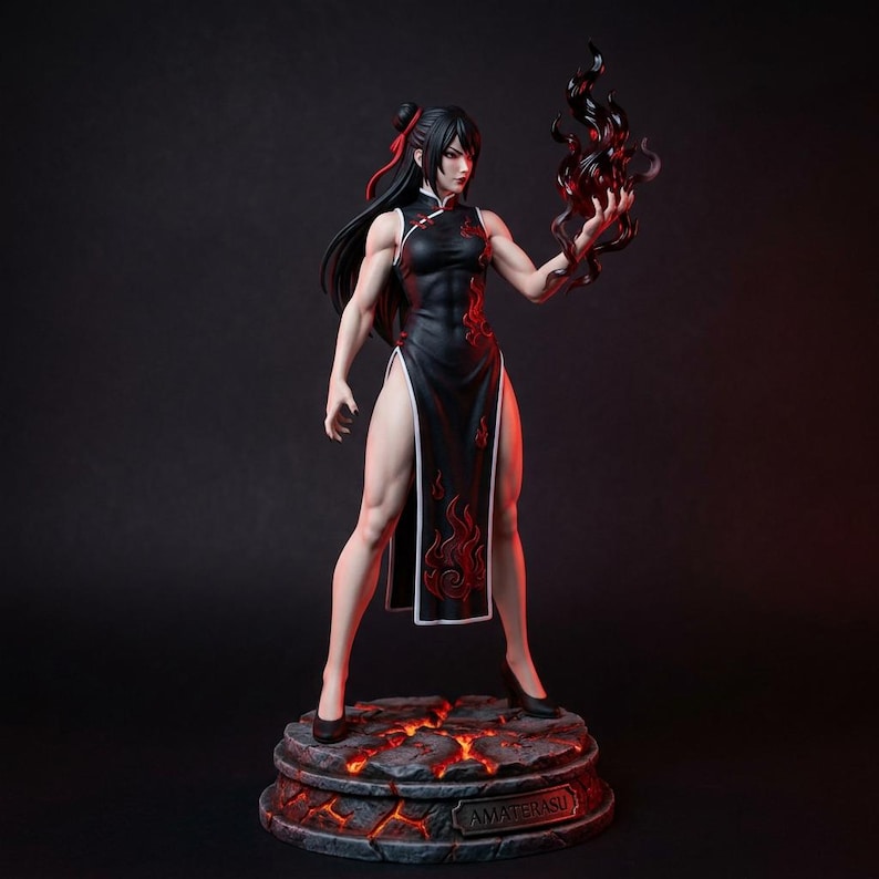 Dark Amaterasu flame goddess warrior statue, main view