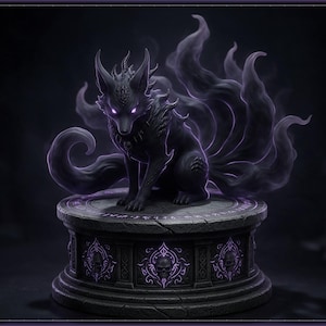 Umbra Kitsune STL file - Shadow Nine-Tailed Fox Statue: AI concept artwork the 3D model was made from, Mystvane