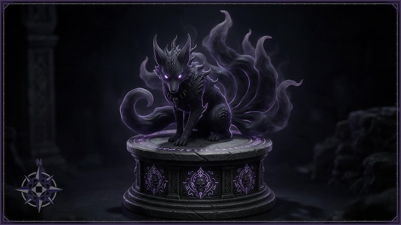 Umbra Kitsune STL file - Shadow Nine-Tailed Fox Statue: AI concept artwork the 3D model was made from, Mystvane