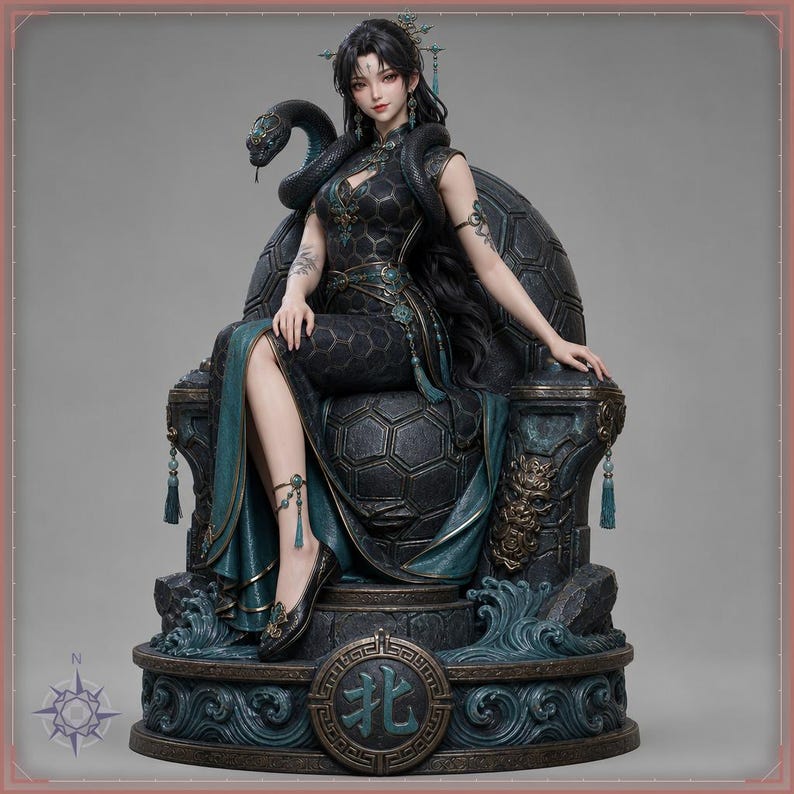 Black Tortoise Maiden STL file - Serpent Lady on Shell Throne Statue: AI concept artwork the 3D model was made from, Mystvane