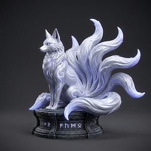 May include: A nine-tailed fox figurine with a pearlescent white finish and blue glowing accents. The fox sits on a dark, circular stone-like pedestal featuring carved runic symbols that emit a soft purple light from the base.