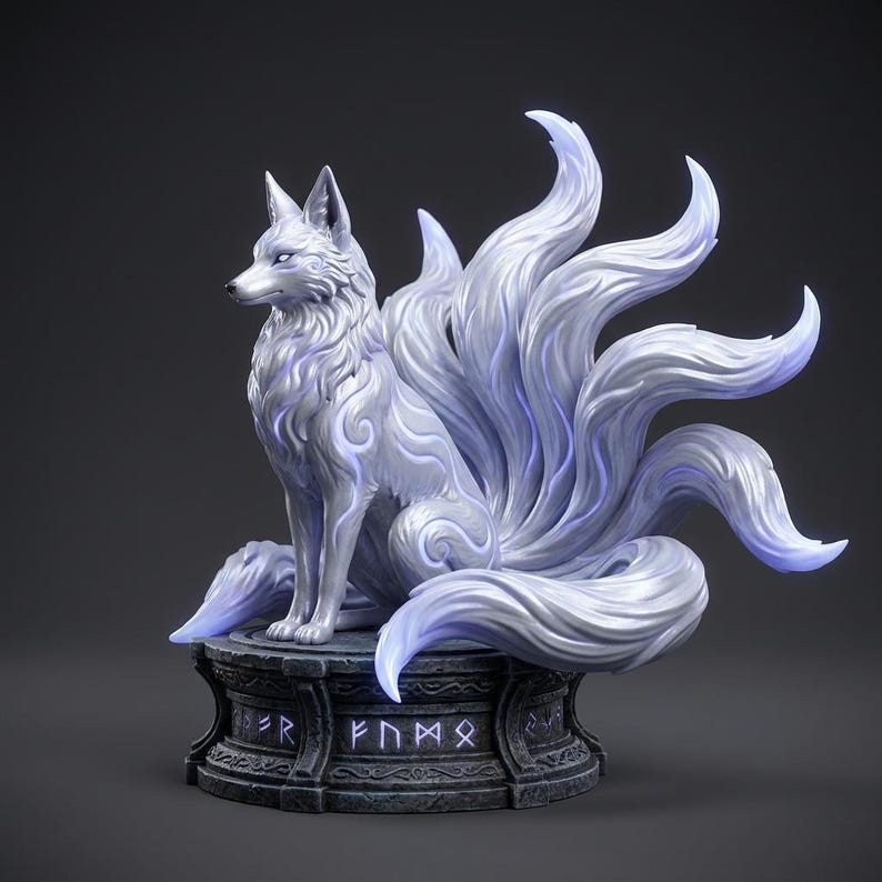 Nine Tailed Fox Spirit white kitsune statue on runic base, main view