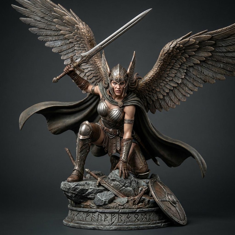 Valkyrie Norse warrior goddess statue with wings and sword, main view