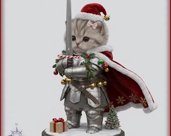 May include: A gray tabby kitten figurine wearing silver plate armor, a red velvet cape with white fur trim, and a Santa hat. The kitten holds a silver sword and is decorated with holly, candy canes, and bells. A small gift box sits nearby.