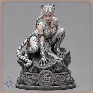 May include: A detailed figurine of a feline-humanoid character with silver hair and a braided ponytail, wearing a white tiger-striped outfit and metallic clawed gauntlets, crouching on a rocky base featuring the Chinese character for West.