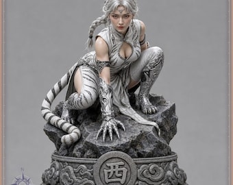 May include: A detailed figurine of a feline-humanoid character with silver hair and a braided ponytail, wearing a white tiger-striped outfit and metallic clawed gauntlets, crouching on a rocky base featuring the Chinese character for West.