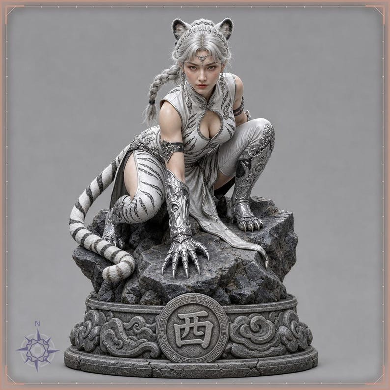 White Tiger Maiden STL file - Tiger Girl Warrior Statue: AI concept artwork the 3D model was made from, Mystvane