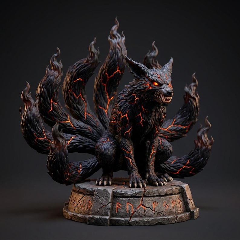 Demon Fox Spirit nine-tailed lava fox statue on runic base, main view