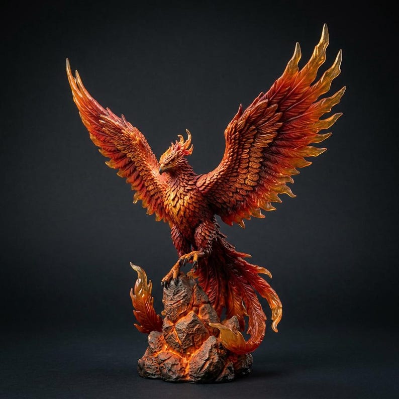 Phoenix rising fantasy fire bird statue, main view