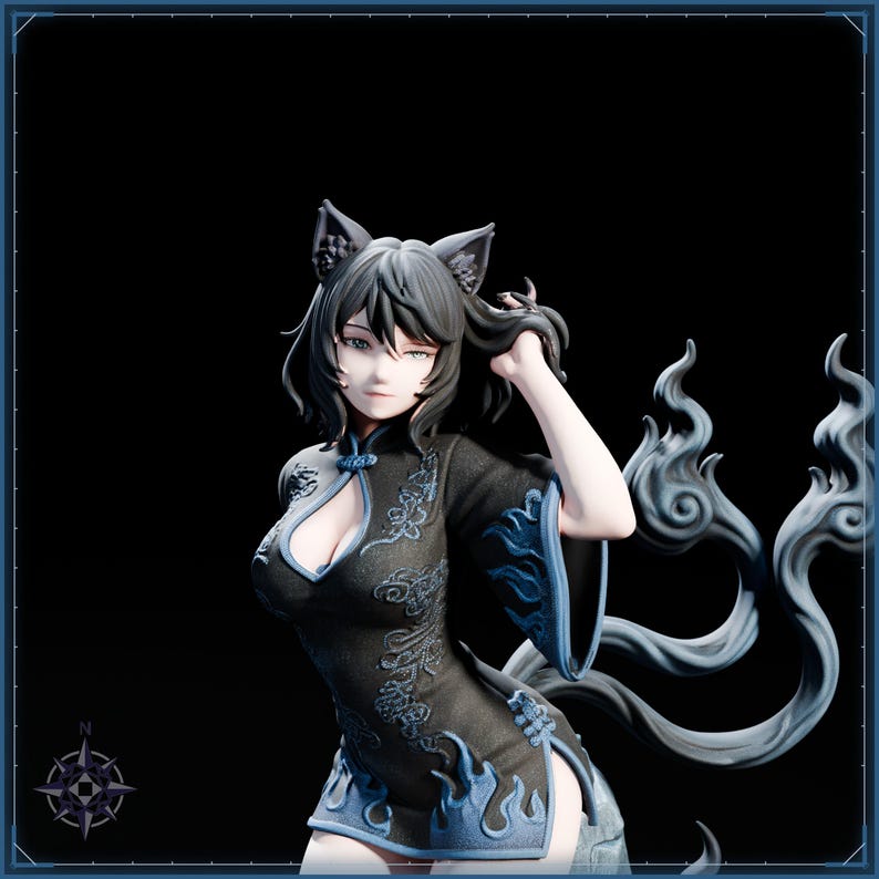 Blue Flame Cat Maiden STL file for 3D printing - folklore anime girl statue, image 9 of 11