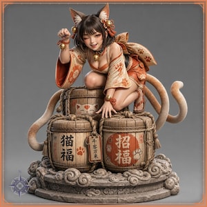 Nekomata STL file - Two-Tailed Cat Girl Yokai Statue: AI concept artwork the 3D model was made from, Mystvane