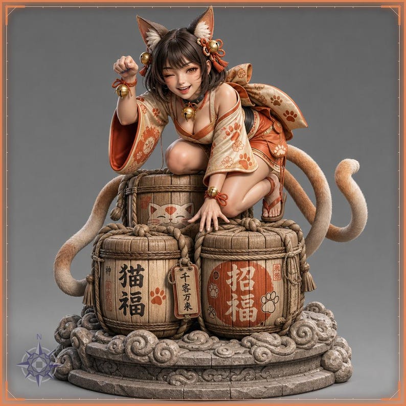 Nekomata STL file - Two-Tailed Cat Girl Yokai Statue: AI concept artwork the 3D model was made from, Mystvane