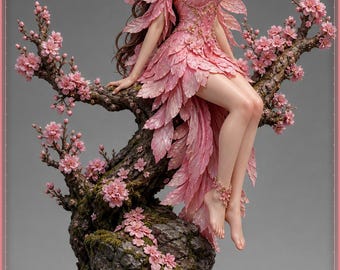 May include: A detailed figurine of a fairy with long brown hair, wearing a pink dress made of layered petals and matching wings. The figure sits on a mossy, textured tree branch adorned with pink cherry blossoms, set on a circular base.