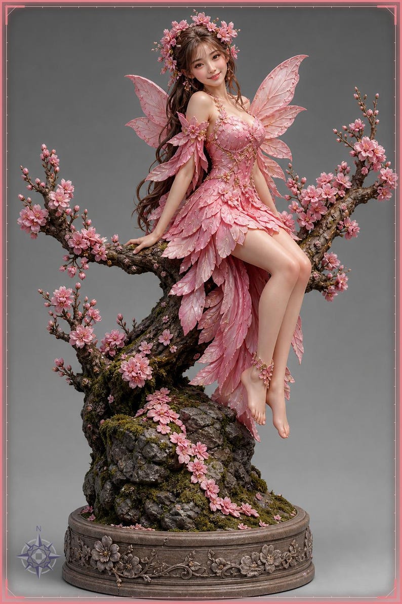 Spring Spirit STL file - Cherry Blossom Fairy on Sakura Branch Statue: AI concept artwork the 3D model was made from, Mystvane