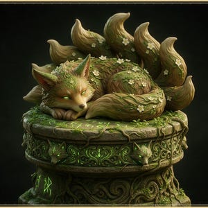 May include: A sculpted figurine of a nine-tailed fox resting on a cylindrical stone pedestal. The fox has brown fur with green mossy textures and small white flowers. The pedestal features carved fox faces, swirling vine patterns, and glowing green runes.