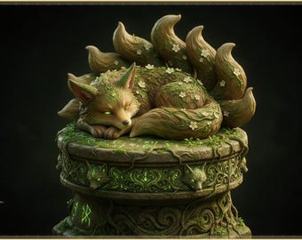 May include: A sculpted figurine of a nine-tailed fox resting on a cylindrical stone pedestal. The fox has brown fur with green mossy textures and small white flowers. The pedestal features carved fox faces, swirling vine patterns, and glowing green runes.