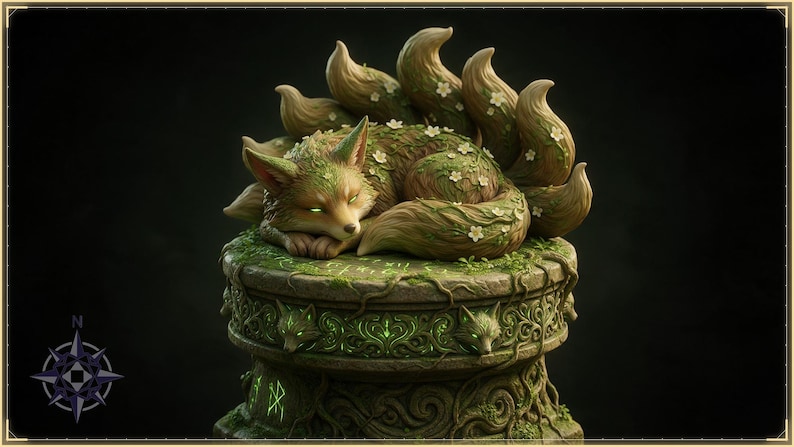 Forest Kitsune STL file - Sleeping Moss Fox on Tree Stump Statue: AI concept artwork the 3D model was made from, Mystvane