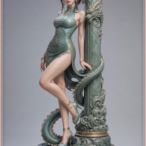 Azure Dragon Maiden STL file - Dragon Girl in Qipao Statue: AI concept artwork the 3D model was made from, Mystvane