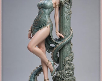 May include: A detailed figurine of a person with deer-like antlers wearing a green cheongsam with gold embroidery, leaning against a tall, ornate green pillar wrapped in a dragon sculpture, set on a circular base with the Chinese character 東.