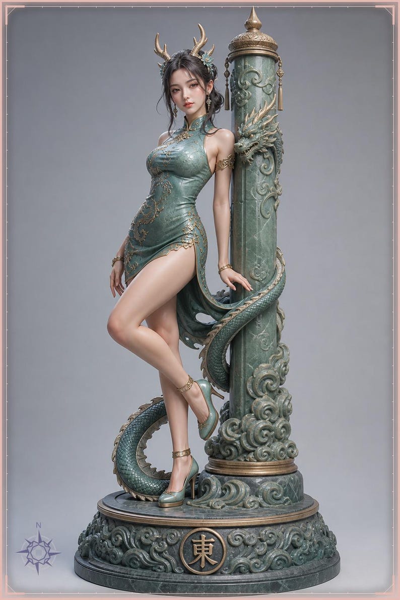 Azure Dragon Maiden STL file - Dragon Girl in Qipao Statue: AI concept artwork the 3D model was made from, Mystvane