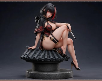 May include: A collectible anime-style figurine of a character with short black hair and red highlights, wearing a black hooded cape over a red and black patterned dress, holding a small silver dagger while sitting on a tiled roof base.