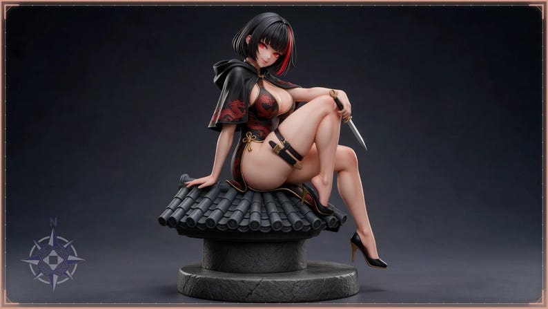 Rogue STL file - Anime Rogue Girl Perched on Rooftop Statue: AI concept artwork the 3D model was made from, Mystvane