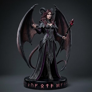 May include: A detailed figurine of a winged demon with long dark hair, horns, and a tail. The figure wears a black and purple gown with intricate patterns, holds a staff topped with a red crystal, and stands on a circular base with glowing red runes.