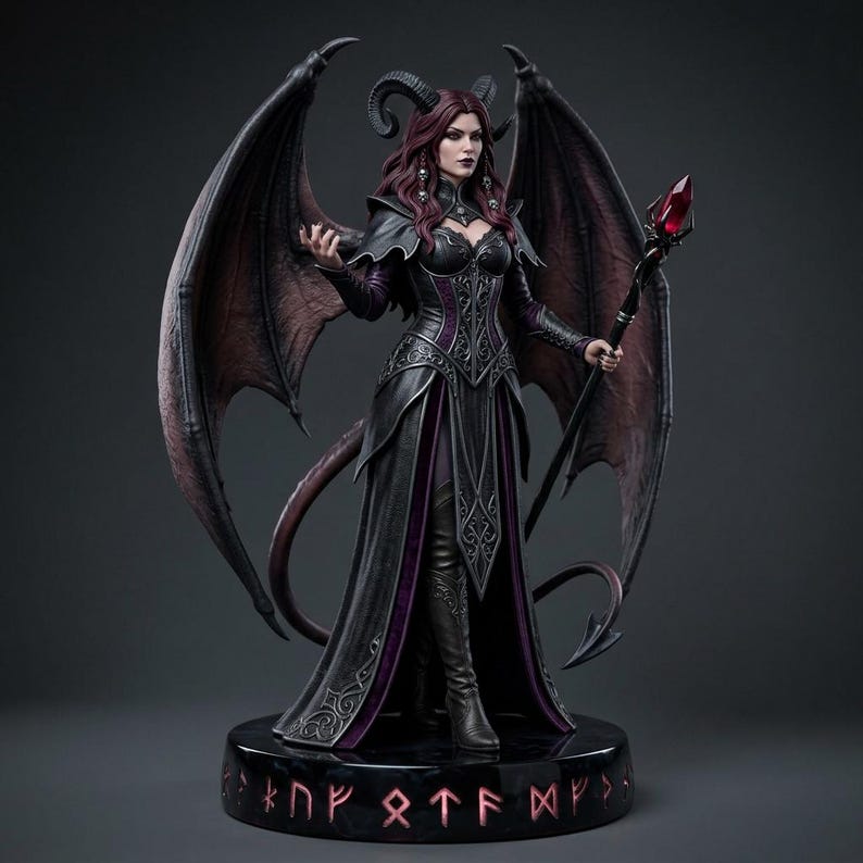Succubus Sorceress dark fantasy winged statue with staff, main view