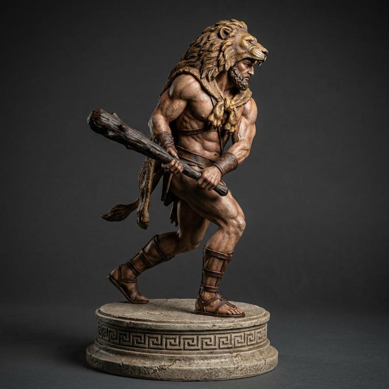 Hercules Greek hero statue with lion pelt and club, main view