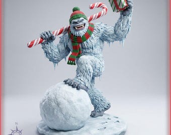 Yeti STL File - Christmas Snow Monster with Candy Cane, Gift and Snowball Statue