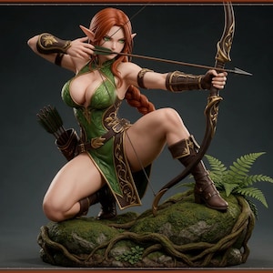 May include: A detailed figurine of an elf archer with long red hair, wearing a green tunic with gold trim and brown leather armor. The figure is in a kneeling pose, holding a bow and arrow, positioned on a mossy rock base with a fern.