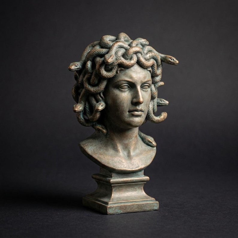 Medusa gorgon bust gothic Greek mythology statue, main view